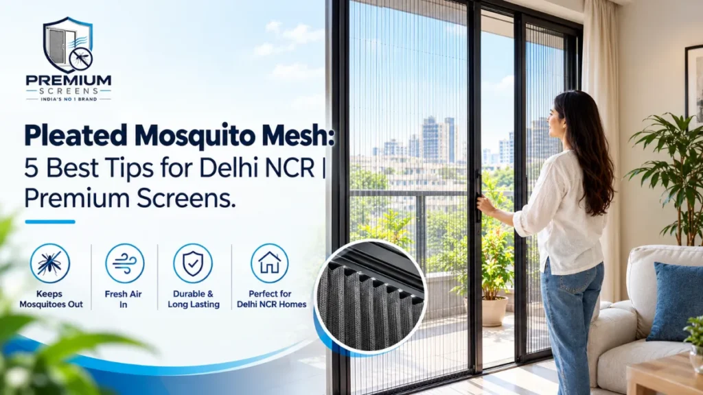 Pleated mosquito mesh installed on a balcony door in a modern Delhi NCR home