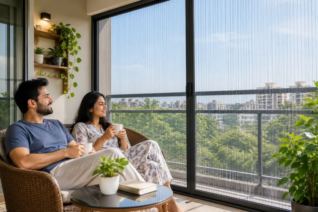 Family enjoying balcony with sliding mosquito net in Delhi NCR