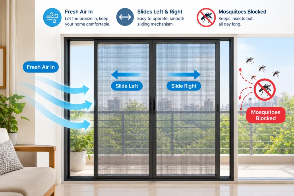 Diagram showing how a sliding mosquito net works