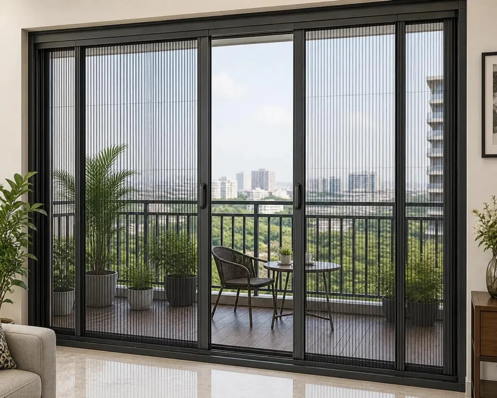 Sliding mosquito mesh for balcony door in a modern home