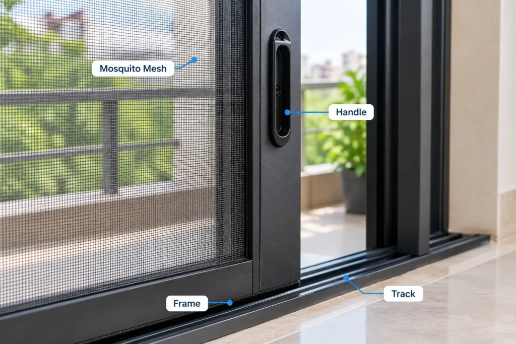Aluminium frame and track of a sliding mosquito net